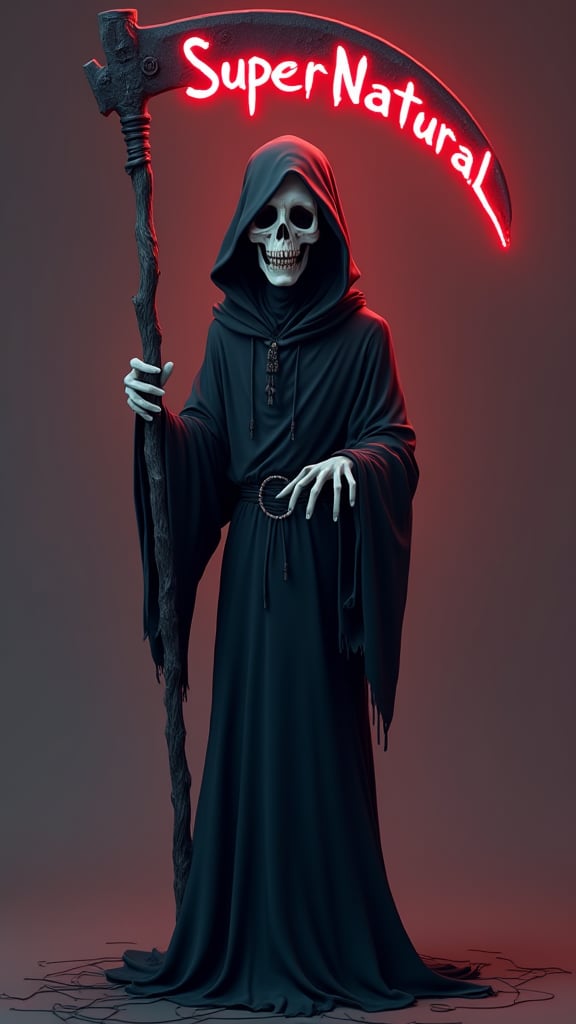 A scary grim reaper with an evil face and black length oufit, standing holding large curvy scythe in hand full body length, words in red color reads "SuperNatural" cartoon style image,3d background,4k resolution.,assassinkahb style