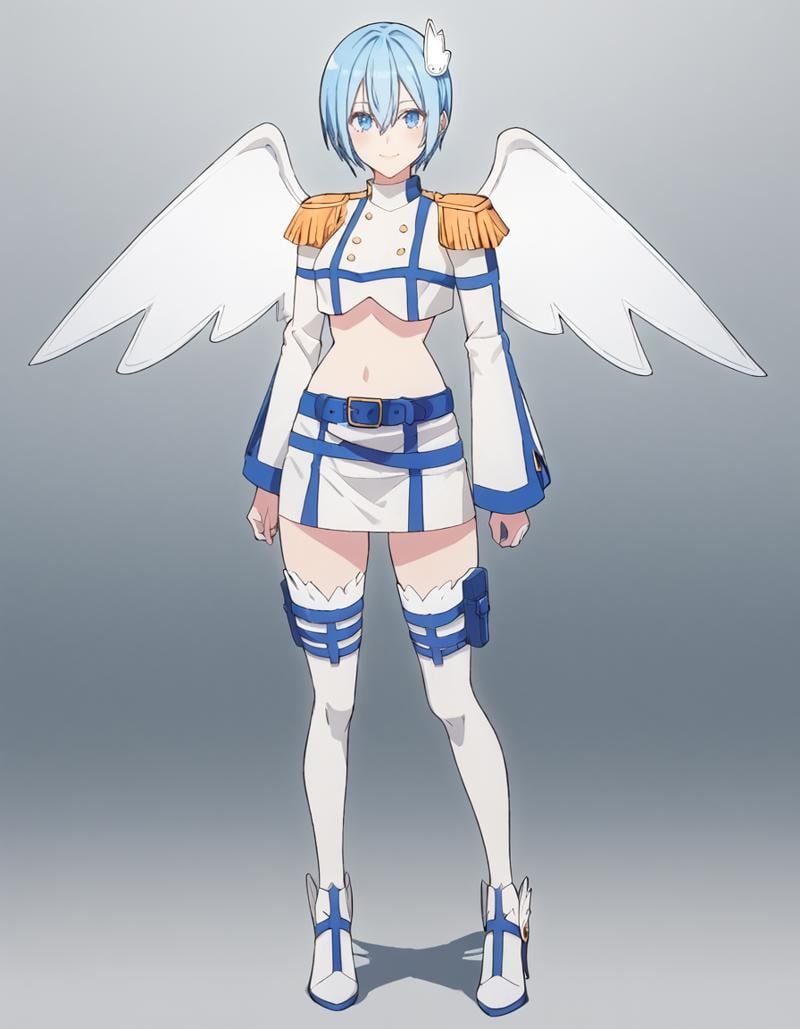 score_9, score_8_up, score_7_up, source_anime, BREAK1girl, solo, looking at viewer, simple background, fullbody, standing, light smile,coulia nokiel, short hair, blue hair, hair between eyes, blue eyesnokiel outfit, wing hair ornament, epaulettes, white wings, crop top, long sleeves, midriff, blue belt, miniskirt, white thighhighs, white heels, winged shoes<lora:noa_anime_v2-soralz:1>