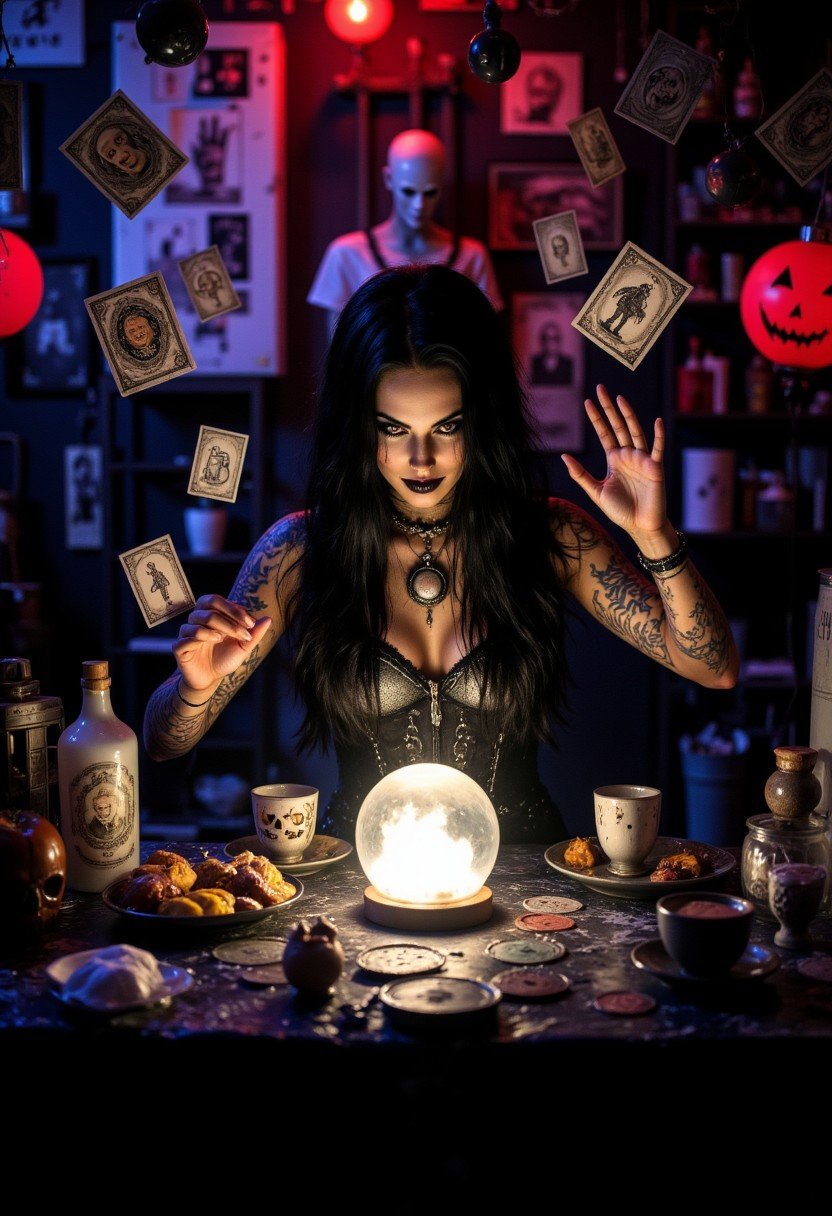 A mystical fortune teller’s booth at a Halloween carnival, with floating tarot cards and glowing crystal balls.aidmaMJ6.1, aidmaHalloweenBoost, aidmaHyperrealism, aidmaimageupgrader, aidmafluxpro1.1