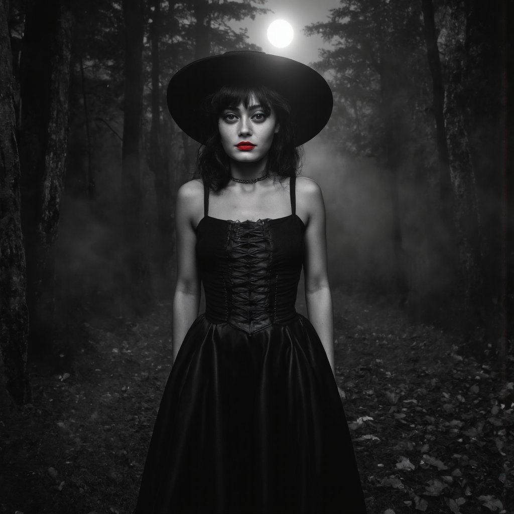 A black and white portrait of ella_purnell in a gothic-inspired setting. She wears a long, flowing black gown with a corset-style bodice. Her black hair is styled in loose waves, and she wears a wide-brimmed black witch's hat. Her makeup is dramatic, with bold red lipstick and smoky eyeshadow. She stands in a pitch-black, misty forest at night, surrounded by tall pine trees and fallen leaves. A bright full moon shines through the dark trees of the forest. The background is filled with mist, creating a mysterious and ethereal atmosphere.Swathes of fog drift across the ground. The color palette consists mainly of black and gray tones, with the woman's blood-red lips providing a strong contrast to the black and white image.