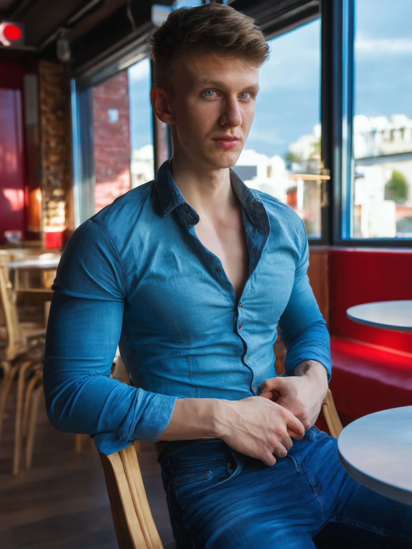 score_9, score_8_up, score_7_up, solo, photo, \(medium\) <lora:(Je0rg)SDXL:1> (Je0rg), twink, skinny fit body, a photorealistic candid still, sitting at a cafe, jeans and white buttoned up dress shirt, (fit 20 year old twunk), muscular fit build, skinny waist, light blue eyes, clean shaven, smooth everywhere, ((fully clothed)), skinny fit, artistic shot, light and shadows, RAW photo, detailed photo, gorgeous, shallow depth of field, volumetric lighting, (surreal:0.4), hyper detailed photorealistic life-like accurate proportional 8k sharp focus, (accurate cinematic lighting), photorealistic detail, <lora:add-detail-xl:0.7>