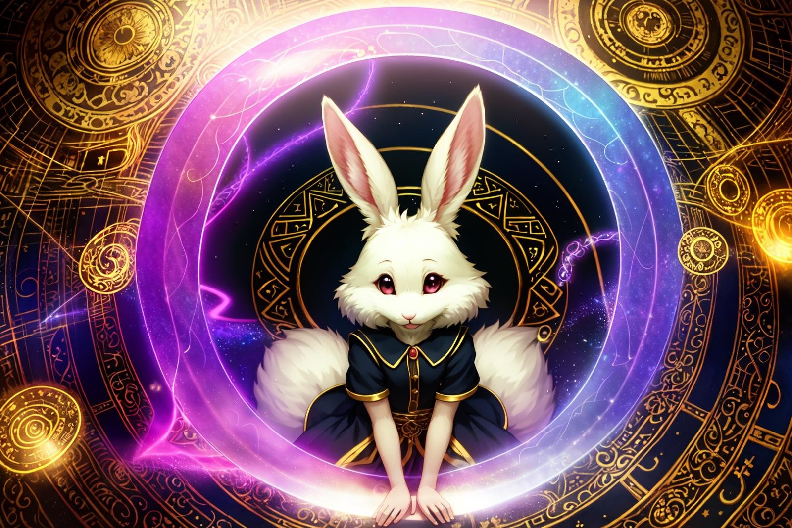 haru, furry female anthro, rabbit girl, white fur, petite, (body fur:1.2), detailed fluffy fur, smile, black eyes, (chibi:0.9), many rings, cute, adorable, (shirt),best quality, masterpiece, illustration, ultra-detailed, beautiful detailed eyes, (1girl:1.3),magician, enchanting spell, high-angle view, magical forest, otherworldly beauty, casting pose, invocation effects, soft and ethereal light, fantastical atmosphere, mystical creatures, empowering allies, enhancing abilities, elemental magic, swirling energy, pulsating aura, determination, support, vibrant colors, glowing runes, levitating, swirling leaves, teamwork, magical bonds, protective shield, guiding light, shimmering particles, enchanted surroundings, harmony with nature, hope, wisdom, ancient secrets, celestial beings, arcane knowledge, mystic symbols, spellcasting, elemental forces,(lamia:1.3), black with gold stripe tail, black and gold patterns,([Dark], extreme contrast, extreme vibrance),vibrant colors, contrast,soft lighting, soft shadows, detailed textures, dynamic lighting,<lyco:haru-v1-locon:0.6>