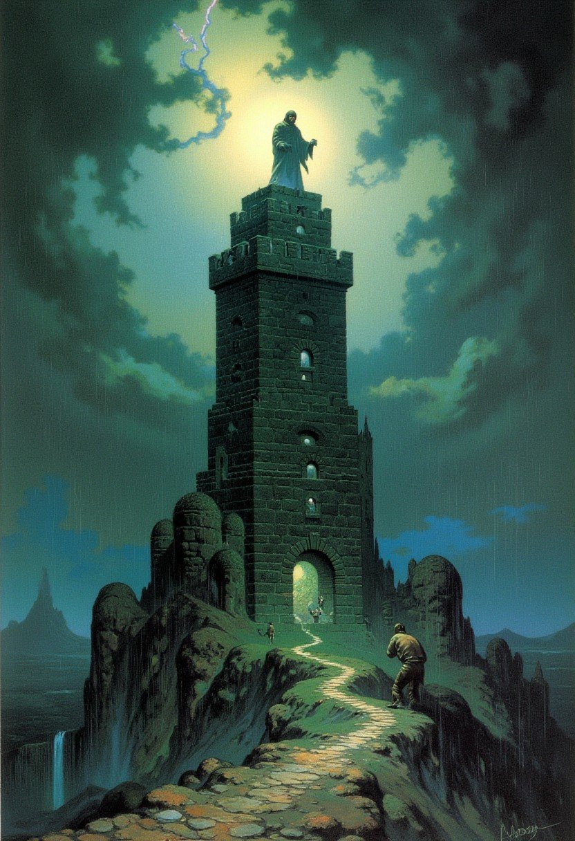 Frank Frazetta surreal fantasy oil painting of  a huge foreboding tower made of onyx bricks, heavy rain and storm clouds in the background, flashing lightning backlit tower, ominous shadow of a figure on top of the tower 