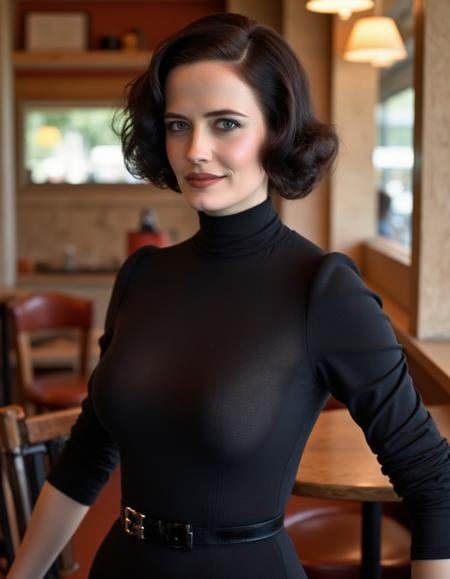 <lora:Eva_Green:1>  beautiful detailed photograph,  wavy black hair styled in classic Hollywood waves., wearing a turtleneck form fitting dress, standing in cafe looking at the viewer