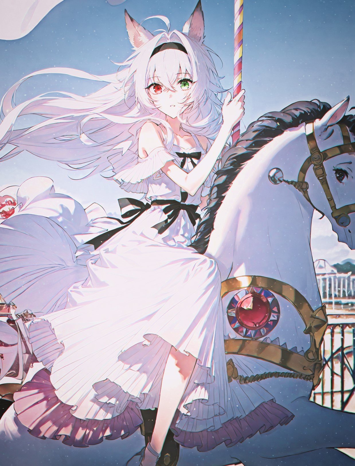 carousel, 1girl, ferris wheel, white dress, solo, riding, horse, green eyes, red eyes, heterochromia, fox ears, black headband, hair intakes, white hair, long hair, sundress, crossed bangs, <lora:rella:0.8>, rella, masterpiece, best quality