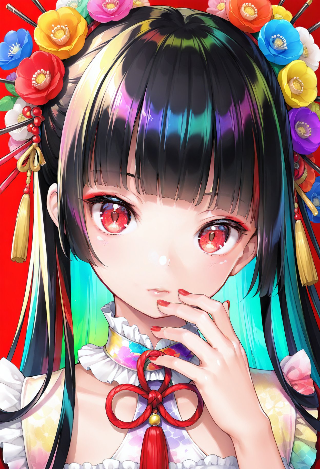 1girl, solo, red nails, looking at viewer, bangs, red eyes, long hair, nail polish, black hair, hair ornament, hand up, flower, blunt bangs, closed mouth, tassel, ribbon, portrait, colorful, red background, frills, multicolored hair, upper body, fingernails