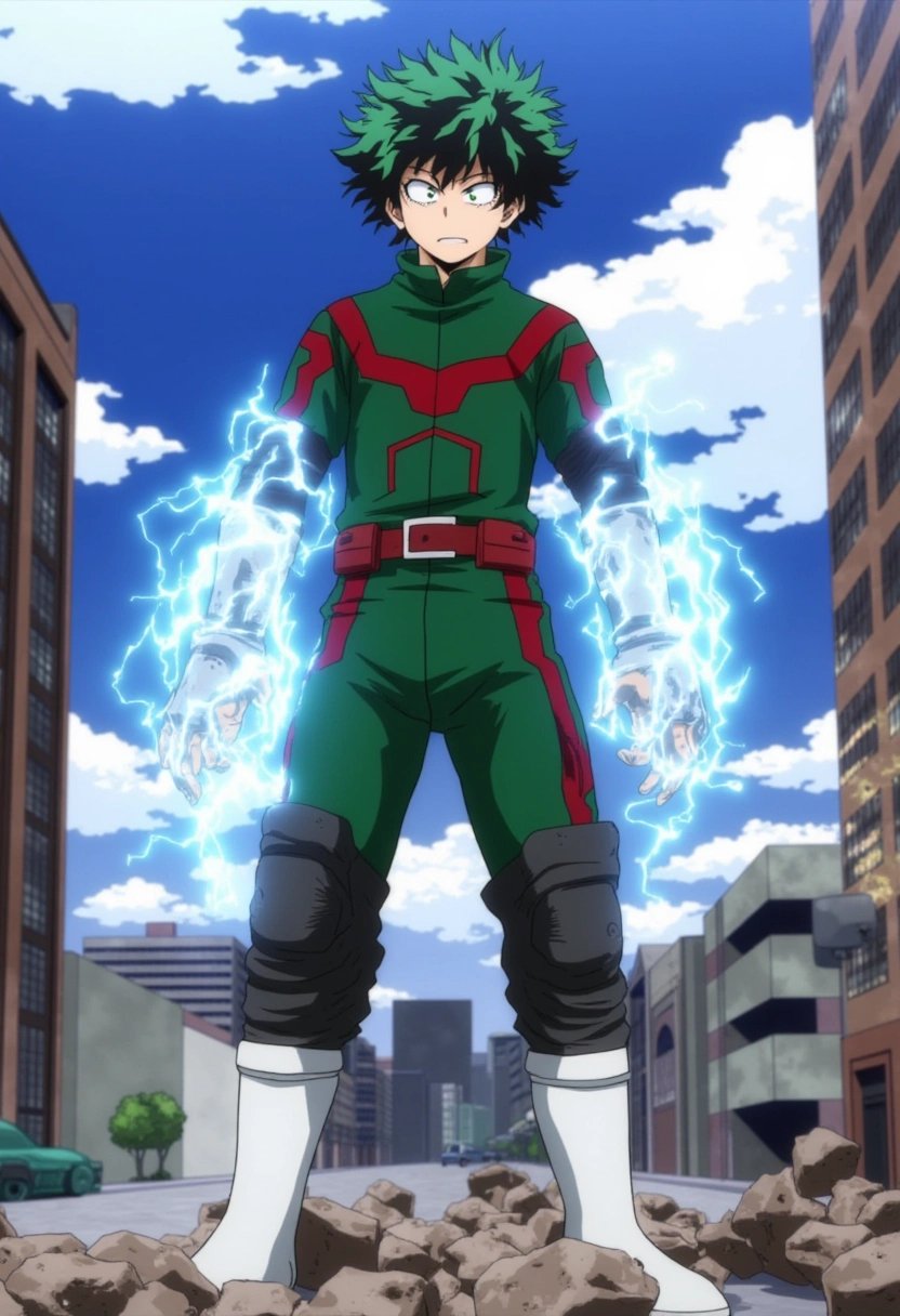 Izuku Midoriya, a teenage boy with messy green hair and bright green eyes, standing confidently in his hero costume. His costume is a green jumpsuit with a red belt and black knee guards. One For All energy crackles around his arms and legs, forming blue lightning. His expression is determined, and the cityscape behind him shows chaos and destruction. boku_no_hero_academia_style