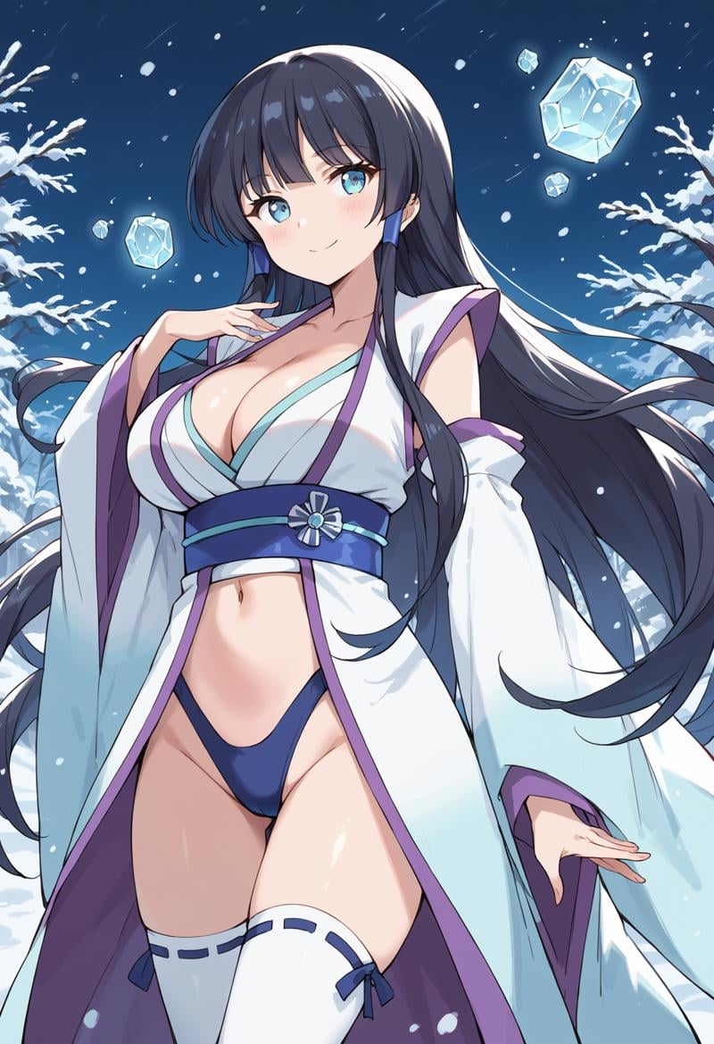 score_9, score_8_up, score_7_up, , source_anime, freezingastaroth,, 1girl,  solo,, black hair, huge breasts, white thighhighs, navel, , , wide sleeves, detached sleeves, sleeveless kimono, hair tubes, very long hair, blunt bangs, obi,, , sidelocks, blue panties,  cowboy shot, hime cut, ribbon-trimmed legwear, highleg panties ,smile <lora:freezingastaroth_pony-000011:0.8>,outdoors, snowing,  , ice, magic, hand up,  aura,closed mouth, 