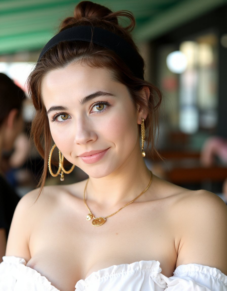 The image is a high-resolution photograph featuring a young woman with light skin and a light complexion, likely in her early twenties. She has brown hair styled in a simple, loose updo with a black headband holding it back. Her facial features are delicate, with well-groomed eyebrows, long eyelashes, and a subtle, natural makeup look that highlights her green eyes. She is wearing a white off-the-shoulder top with ruffled edges, which accentuates her medium-sized breasts and slender physique. Around her neck is a delicate gold necklace with a small pendant, and she is adorned with large, intricate, gold hoop earrings that dangle with small, decorative elements.In the background, the setting appears to be an outdoor café or restaurant, indicated by the green and white striped canopy above and the glimpse of a wooden bench and table. The background also shows a blurred view of other people, suggesting a social setting. The lighting is natural, likely from the sun, casting a warm glow over the scene. The overall mood is relaxed and casual, with the woman's slight smile and direct gaze suggesting she is engaging with the photographer or someone off-camera.,Velma,<lora:Velma_Flux_V1:1>