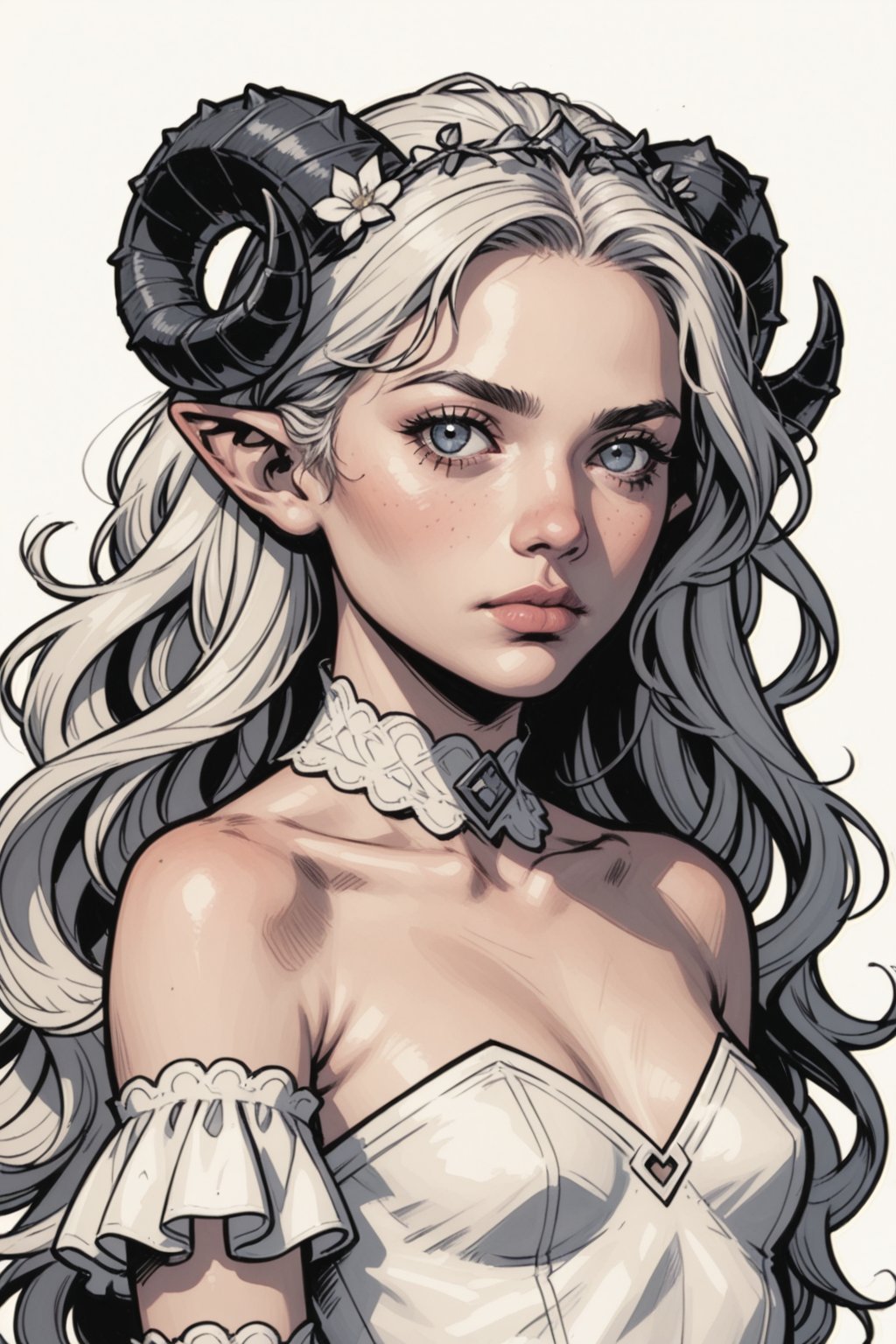 1girl, horns, solo, long hair, pointy ears, looking at viewer, white hair, bare shoulders, realistic, upper body, sheep horns, lips, grey eyes, dress, choker, curled horns, wavy hair, breasts, hair ornament, detached sleeves, closed mouth, white dress, nose, from side, sheep girl, expressionless, blonde hair, flower, eyelashes, small breasts, see-through, blue eyes, looking to the side, hair flower, strapless dress, demon girl, white theme,