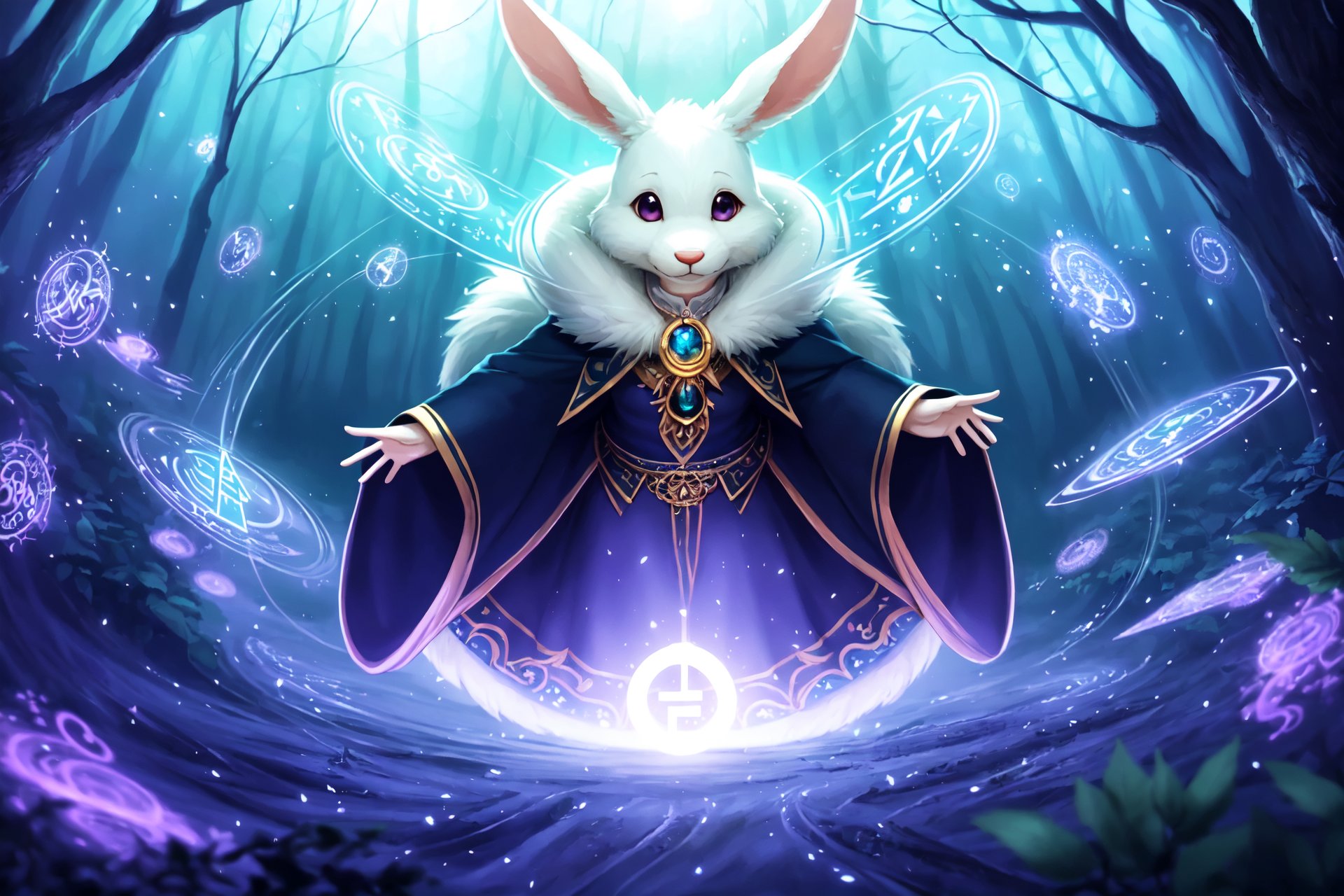 haru, furry female anthro, rabbit girl, white fur, petite, (body fur:1.2), detailed fluffy fur, smile, black eyes, (chibi:0.9), many rings, cute, adorable, (shirt),best quality, masterpiece, illustration, ultra-detailed, beautiful detailed eyes, (1girl:1.3),magician, enchanting spell, high-angle view, magical forest, otherworldly beauty, casting pose, invocation effects, soft and ethereal light, fantastical atmosphere, mystical creatures, empowering allies, enhancing abilities, elemental magic, swirling energy, pulsating aura, determination, support, vibrant colors, glowing runes, levitating, swirling leaves, teamwork, magical bonds, protective shield, guiding light, shimmering particles, enchanted surroundings, harmony with nature, hope, wisdom, ancient secrets, celestial beings, arcane knowledge, mystic symbols, spellcasting, elemental forces,([Very Dark], extreme contrast),vibrant colors, contrast,soft lighting, soft shadows, detailed textures, dynamic lighting,<lyco:haru-v1-locon:0.6>