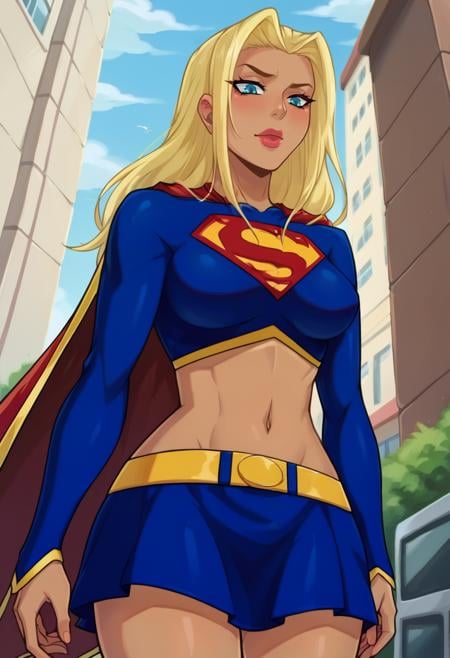 score_9,score_8_up,score_7_up BREAK <lora:supergirl110:1>,supergirlApocalypse,1girl,long hair,blue eyes,blonde hair,navel,midriff,dark skin,skirt,cape,dark-skinned female,lips,yellow belt,long sleeves,blue crop top,superhero,cowboy shot,from below,street,