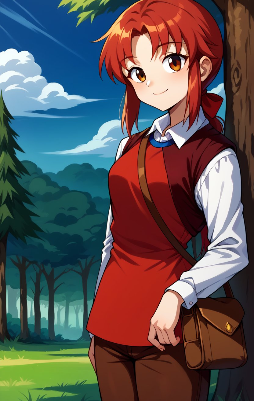 score_9, score_8_up, score_7_up, BREAK source_anime, absurdres, forest, grass, tree, blue sky, 1girl, solo, MRHolly, smile, closed mouth, sidelocks, ponytail, red hair bow, red dress, long white sleeves, white collar, BREAK brown capri pants, Brown vest, shoulder bag, <lora:MRHolly_SDXL-000005:1.0>