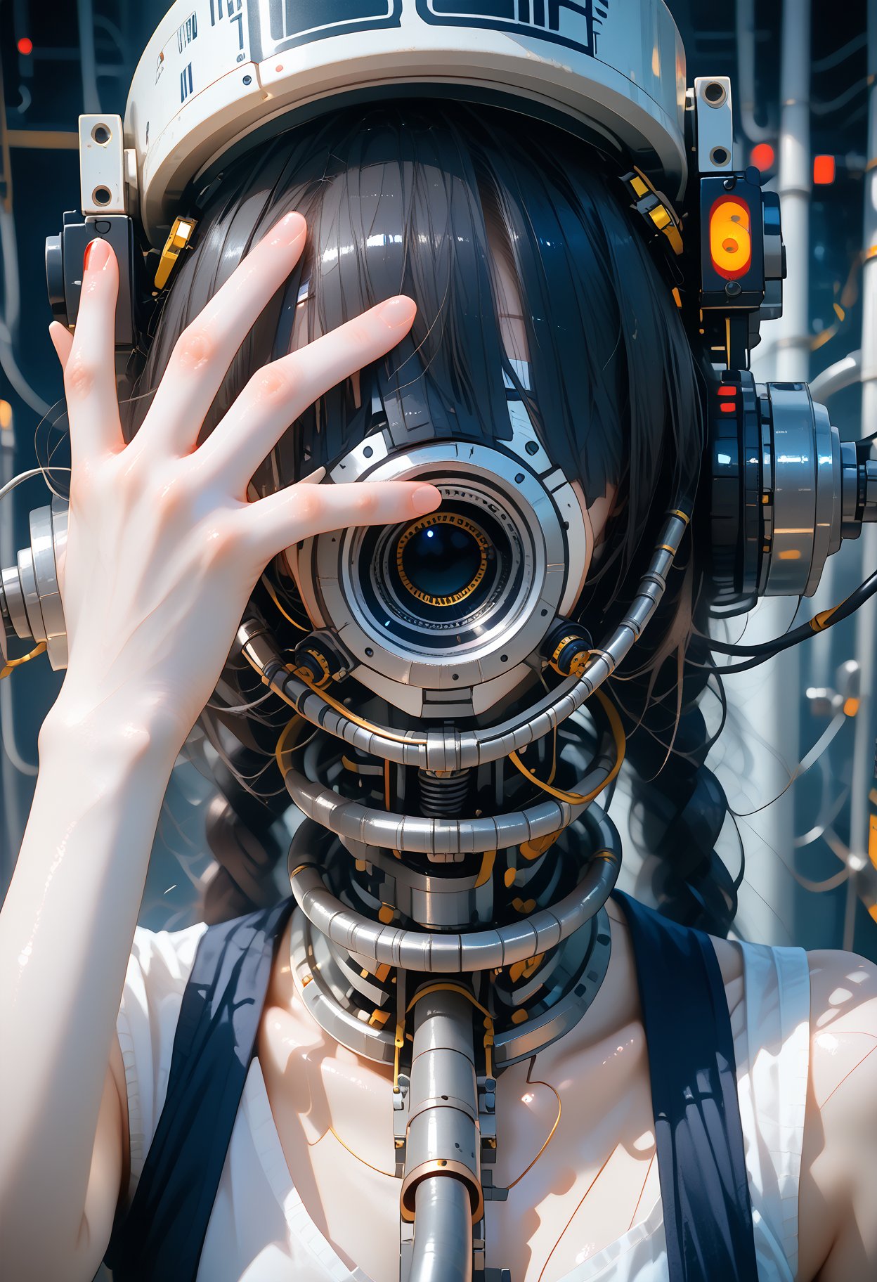 winding mechanical girls by countless pipes,pipeline all over the girl's body,line covering face,only the eyes came out,the eyes are very delicate,eye focus,