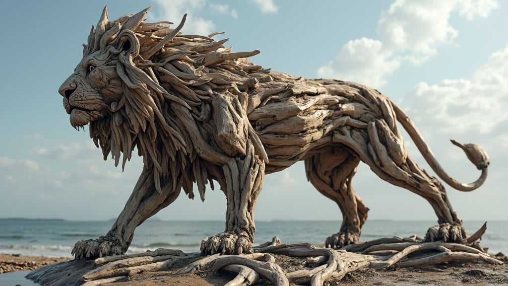 (drift wood washes up on the shore, all the tiny parts of drift wood form together to create a perfect shape of a Driftwood Lion on the shore), abstract, 3d render, strong, insanely intricate details, Epic, Marbled effect, (masterpiece), (view from below), natures art work, UHD, Painstaking Attention To Details, driftwood lion