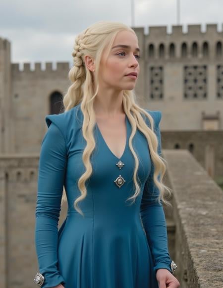 <lora:Emilia_Clarke_Flux:1>  This is an image of  Daenerys Targaryen from the HBO show Game of Thrones. Blonde hair with braids, silk blue dress, jewelry, standing on a palace wall looking out.