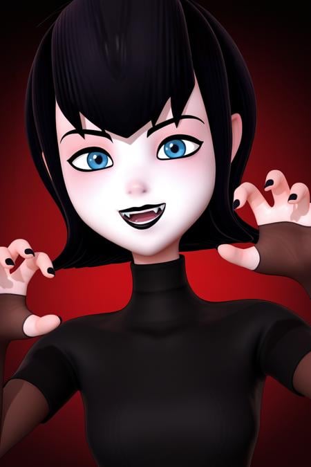 score_9,score_8_up,score_7_up BREAK 3d,  skudd style, mavis, 1girl,solo, pale skin, blue eyes,black hair, portrait, close-up,dutch angle,black dress, turtleneck, maroon bridal gauntlets, vampire, claw pose, looking at viewer,smile,black lips, open mouth, hands up, black nails, white skin,long fingernails, frown, dark red background, black background, short hair, sharp fingernails,    <lora:MerulaMavisPony:1> 