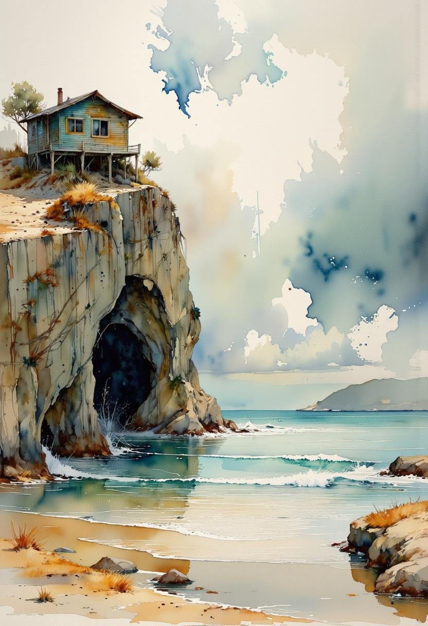 The image is a watercolor painting of a coastal cliffs. The painting is done in a realistic style with vibrant colors and...