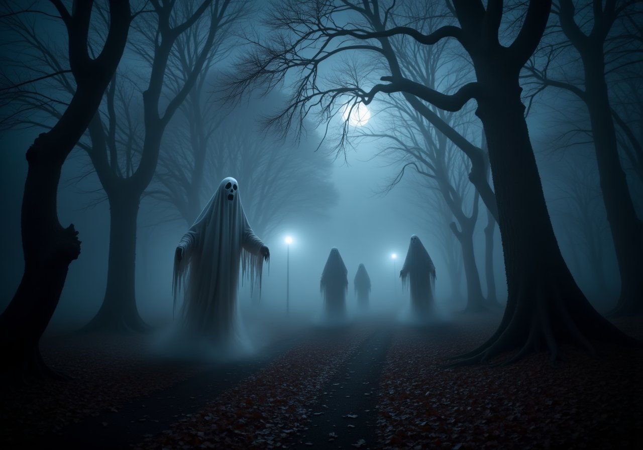 A foggy forest at midnight: Trees loom tall, their twisted branches reaching out like claws. Wisps of ghostly figures weave through the fog, their hollow faces barely visible. As they glide through the thick mist, faint moans echo, blending with the rustle of leaves in the chilling air, creating an eerie ambiance.