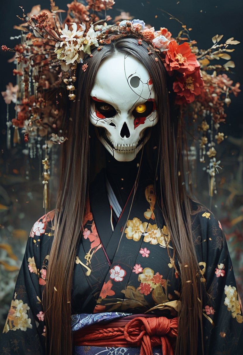 1girl, solo, long hair, looking at viewer, brown hair, brown eyes, yellow eyes, upper body, flower, japanese clothes, kimono, mask, floral print, one eye covered, black kimono, (skull mask), rim light, surreal,, .score_9, score_8_up, score_7_up,