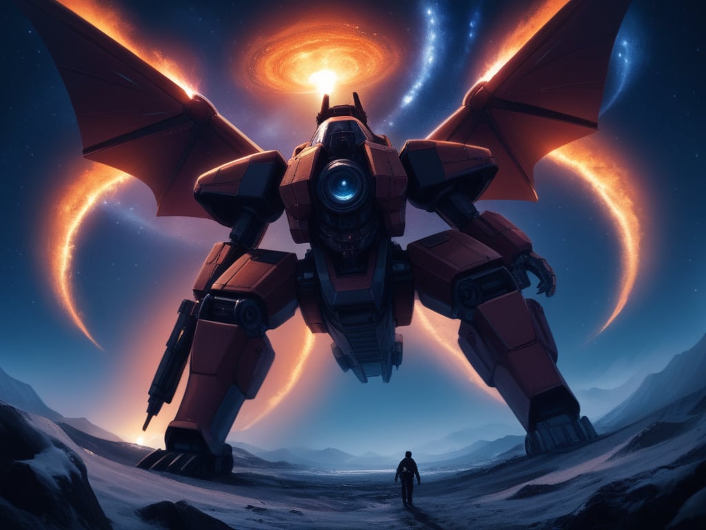 intricate details, extreme detail, Detailed face, beautiful, Expressive,very aesthetic, colorful, lots of small parts, surreal, abstract,dramatic angle, 8k wallpaper, masterpiece, Cinematic Lighting,dragon, (feral),giant, glowing, mechanical parts, mecha, wings, fire, darkness,weapon, gun, cannon, military, no-humans,night, night_sky, sky, starry_sky, city_lights, snow, snowing, planet, space, galaxy, star_\(sky\), 