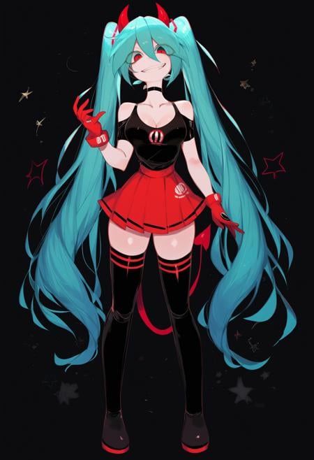 score_9, score_8_up, score_7_up, score_6_up, score_5_up, score_4_up, BREAK1girl, hatsune miku, solo, horns, long hair, gloves, black background, twintails, thighhighs, red eyes, green eyes, breasts, smile, choker, very long hair, tail, skirt, full body, black choker, looking at viewer, cleavage, hair between eyes, bare shoulders, aqua hair, blue hair, shirt, simple background, medium breasts, black thighhighs, collarbone, grin, demon horns, black shirt, star (symbol), eyes visible through hair, teeth <lora:USA37:1>