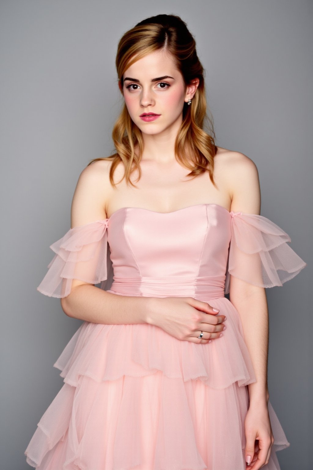 The image is a photograph of a young woman standing against a plain, gradient gray background. She has light brown hair styled in an elegant updo with loose curls cascading down her back and over one shoulder. Her facial expression is serious and composed. She is wearing a stunning, strapless ballgown made of shiny pink satin and adorned with delicate ruffled layers that cascade down from the waistline. The bodice of the dress features a fitted top with sheer, ruffled sleeves that fall off the shoulders, giving it a graceful, ethereal look. She accessorizes with small, delicate silver earrings and a ring on her right hand. Her makeup is minimal, with a natural-looking blush and soft pink lipstick that complements her dress. The texture of the fabric is smooth and luxurious, reflecting light to give it a shiny appearance. Her overall appearance is sophisticated and refined, suitable for a formal occasion.,Emma Watson, <lora:Emma_Watson_Flux_V1-000001:1>