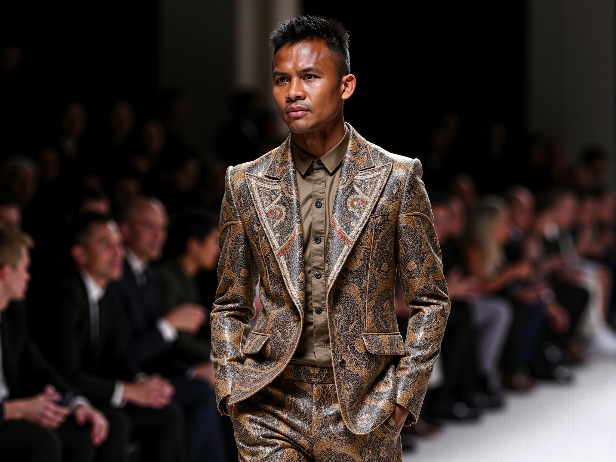 A realistic candid photo of Buakaw Banchamek. He wore an intricate suit with matching trousers, walking in the Paris fashion week. expressionless.<lora:BuakawF1_SET1_32_x32:0.9>