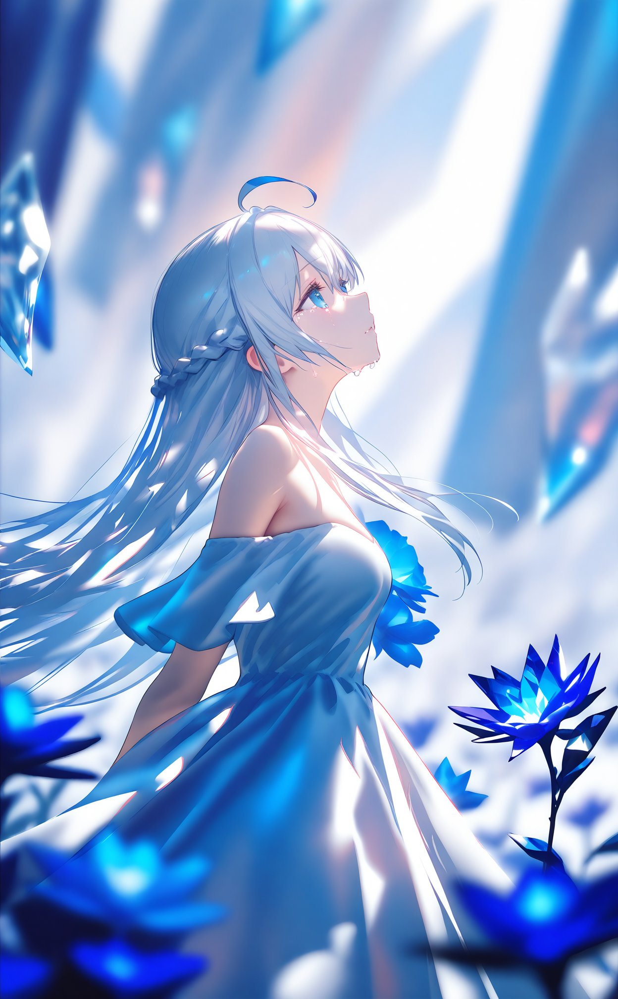 masterpiece,best quality,high quality,(colorful),1girl,flower,solo,dress,braid,looking up,blue flower,white dress,long hair,white hair,from side,blue eyes,bare shoulders,crying,blurry foreground,standing,blurry,sidelocks,crying with eyes open,blue theme,ahoge,tears,crystal,profile,depth of field,off shoulder,breasts,small breasts,off-shoulder dress,light,