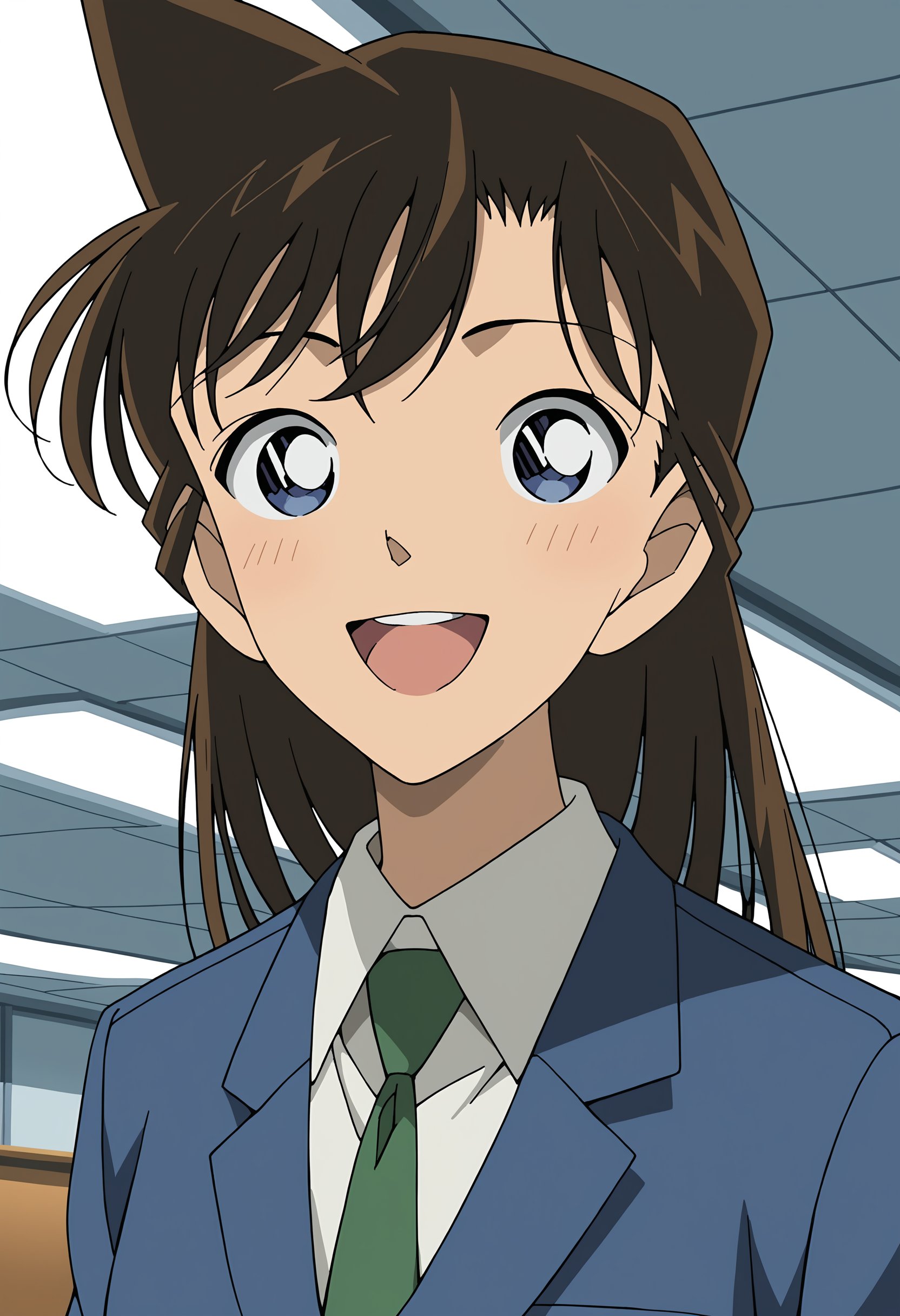 score_9, score_8_up, score_7_up, source_anime, safe for work,inside of a classroom, upper body shot<lora:Ran_Mouri:.8>Long hair, brown hair, blue eyes, bangs, blue jacket, green necktie, white collared shirt, blue pleated skirt, gray socks, brown shoes,happy girl, mouth open, smile, looking at the viewer,