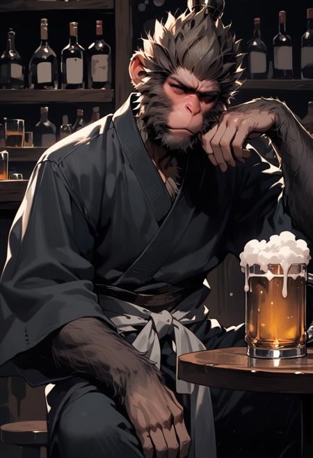 score_9, score_8_up, score_7_up, flat color, dark theme, g4n1m3, comicbookpage style, Wukong, Black Myth Wukong, monkey, monkey king, handsome, smooth skin, fur, furry body, monkey face, monkey nose, sitting on chair, indoor, table, drinking beer, blush, drunk, bar, night, cowboy shot:1.5