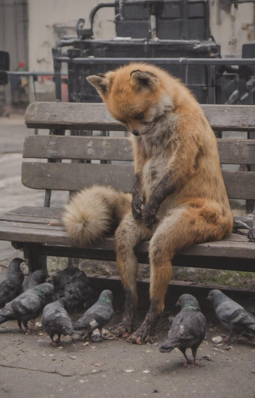 side view,  a staring fox sitting head down on a bench feeding pigeons  <lora:- Flux1 - stoned_fox_V1.0:.8>