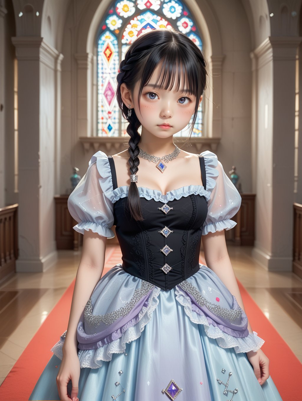 score_9, score_8_up, score_7_up,1girl, colorful dress, skirt, (silver accessories, diamonds and gems), gothic style, frills and lace, delicate patterns, young, princess, black hair, braid, kawaii, asian idol, skinny, large breasts, shame, blush, , indoor, castle, room,