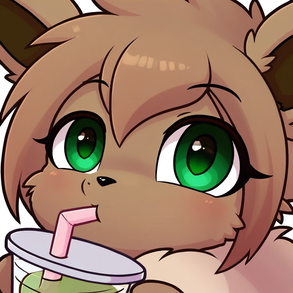 score_9, solo, 2d, looking at you,Cute Anthro Furry,Eevee_(Pokemon),brown fur, neck fluff, green eyes,,cup, holding cup, drinking straw, straw in mouth, cute, easynegative