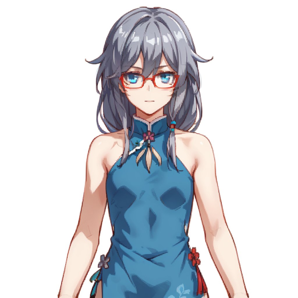 (white background:1.2),looking at viewer,(SOLO:1.4),outline,simple background,upper body, cowboy shot,looking at viewer,(((arms at side))),  fu hua, fu hua qipaover, bangs, long hair, blue eyes, hair between eyes, chinese clothes, dress, sleeveless, china dress, sleeveless dress, hair ornament, grey hair, blue hair, glasses, blue dress<lora:旗袍-漫画-pony:0.8>