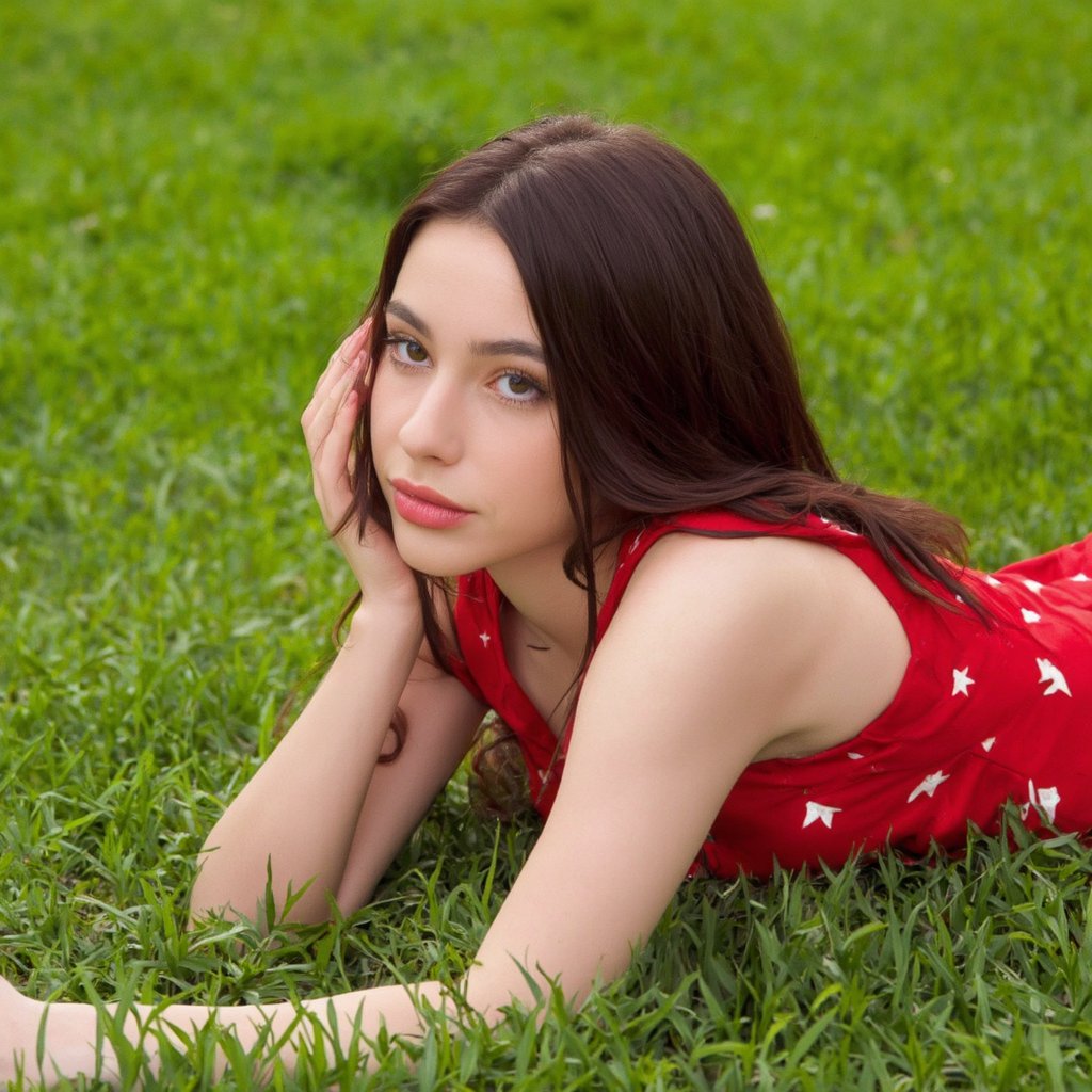 A portrait of dasha_taran lying on a grassy lawn. She wears a red dress with white star patterns. Her long, dark hair flows down her back, and she rests her head on her hands, looking directly at the camera with a contemplative expression. The background is blurred, highlighting the woman, and the grass is a vibrant green. The image style is candid and natural, capturing a serene moment.