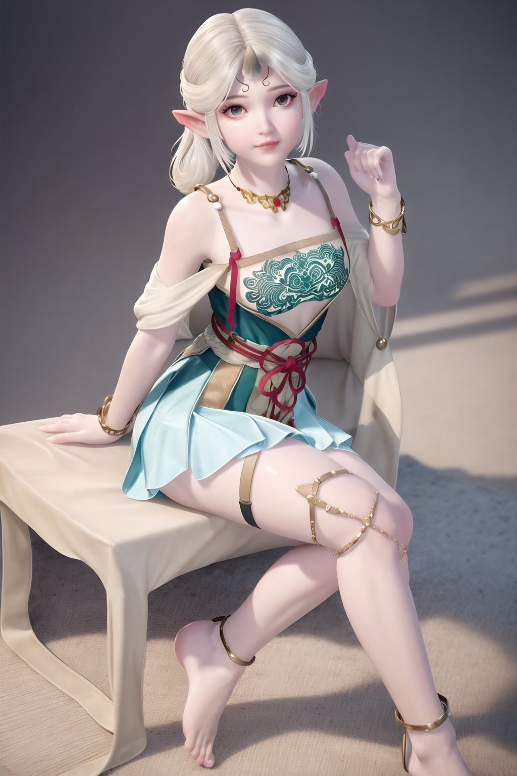 (8k, RAW photo, best quality, masterpiece:1.2),(realistic, photorealistic:1.3), ultra-detailed, extremely detailed cg 8k wallpaper,(crystalstexture skin:1.2), extremely delicate and beautiful, pointy_ears, 1girl, elf, solo, thigh_strap, jewelry, necklace, bare_shoulders, simple_background,(full shot), (breasts, medium breasts,  cleavage), looking_at_viewer, sitting, full body, 