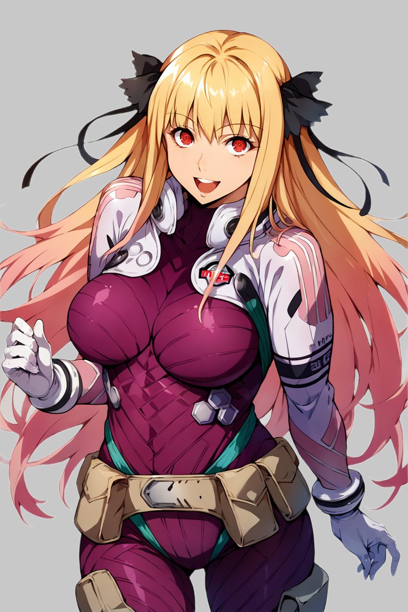 score_9, score_8_up, score_7_up, source_anime BREAK 1girl, solo, shatte_pilot_1, 1girl, solo, purple bodysuit, white gloves, belt, large breasts, blonde hair, gradient hair, pink hair, long hair, black hair ribbon, red eyes, looking at you, smile, open mouth, cowboy shot, simple background <lora:srw_shatte:0.9>