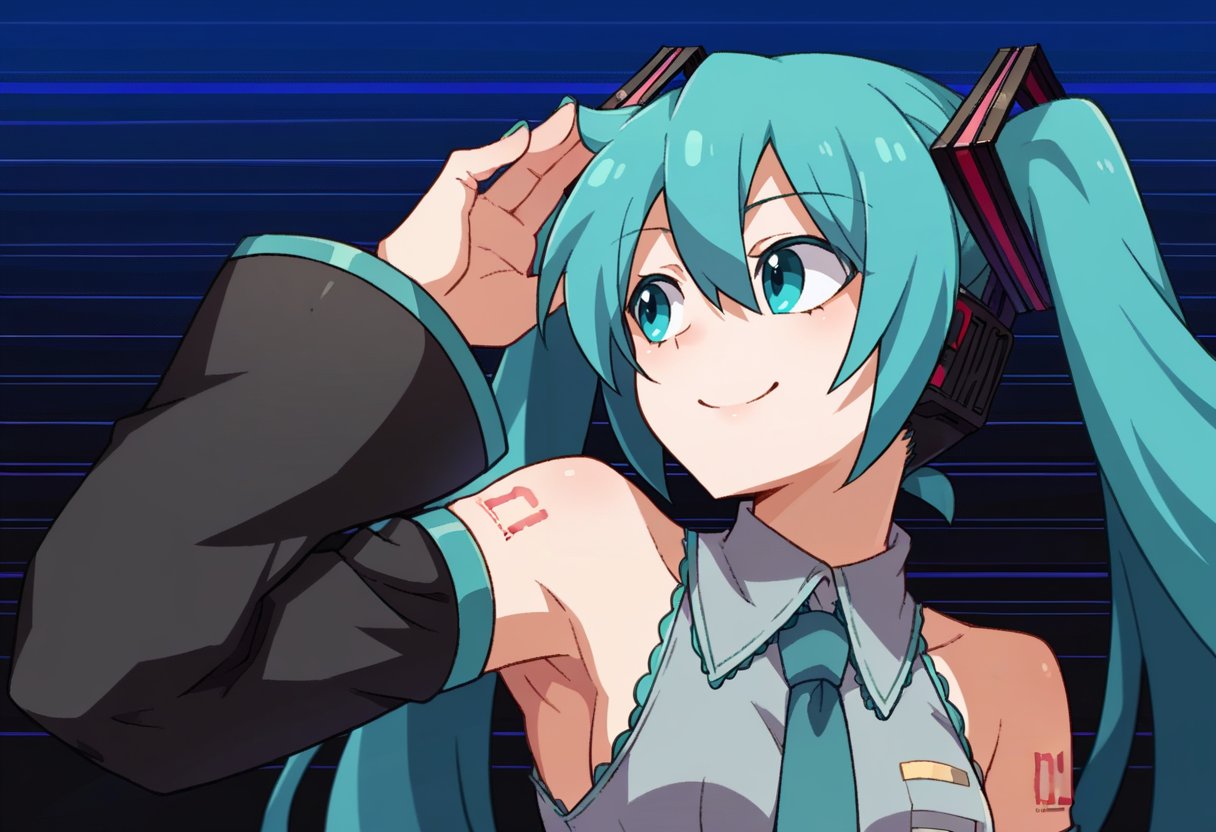 score_9, score_8_up, score_7_up, source_anime, BREAK, solo, 1girl, smile, <lora:Under-Night-Cutin-pdxl_Fp:1>, blue background, looking to the side, striped background, hatsune miku, 