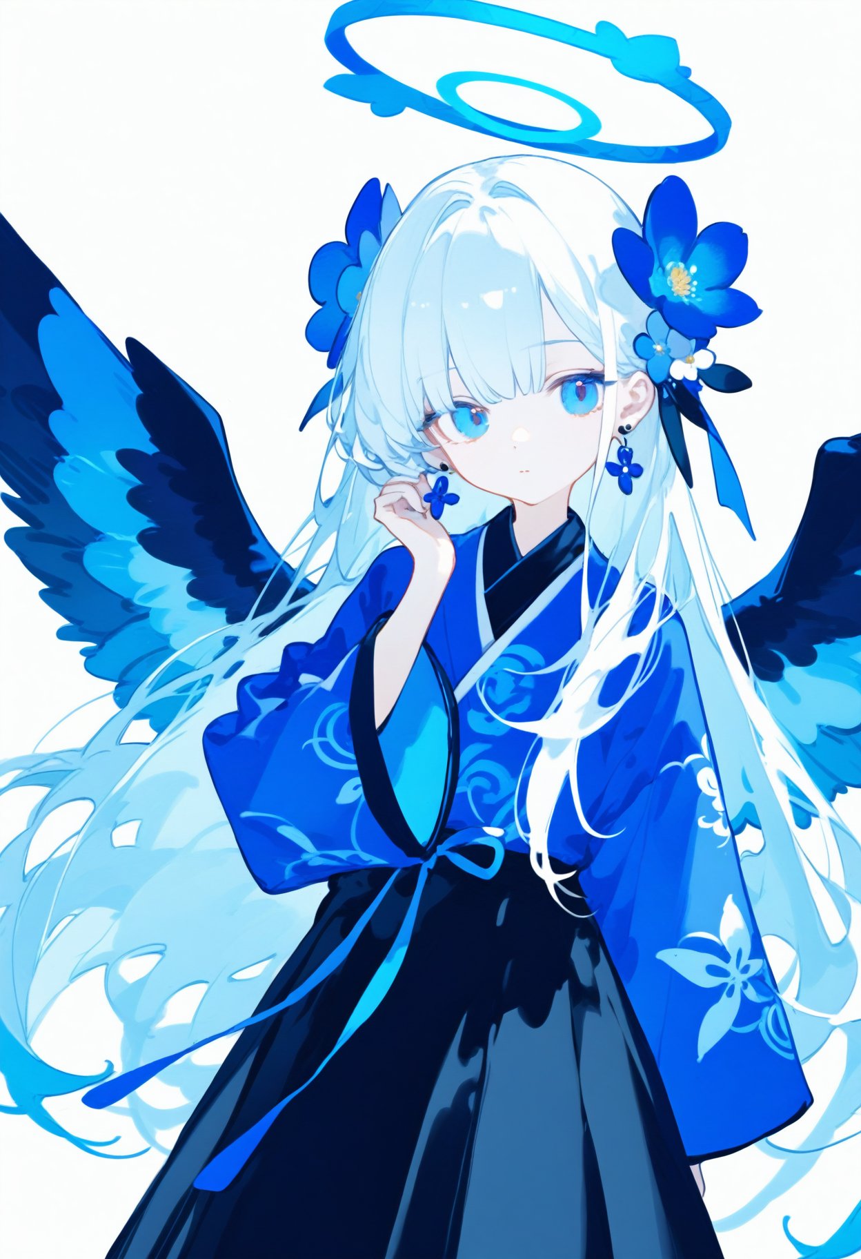 Elite,1girl,solo,long hair,bangs,blue eyes,skirt,hair ornament,long sleeves,flower,white hair,earrings,wings,hand up,hair flower,wide sleeves,black skirt,halo,blue theme,