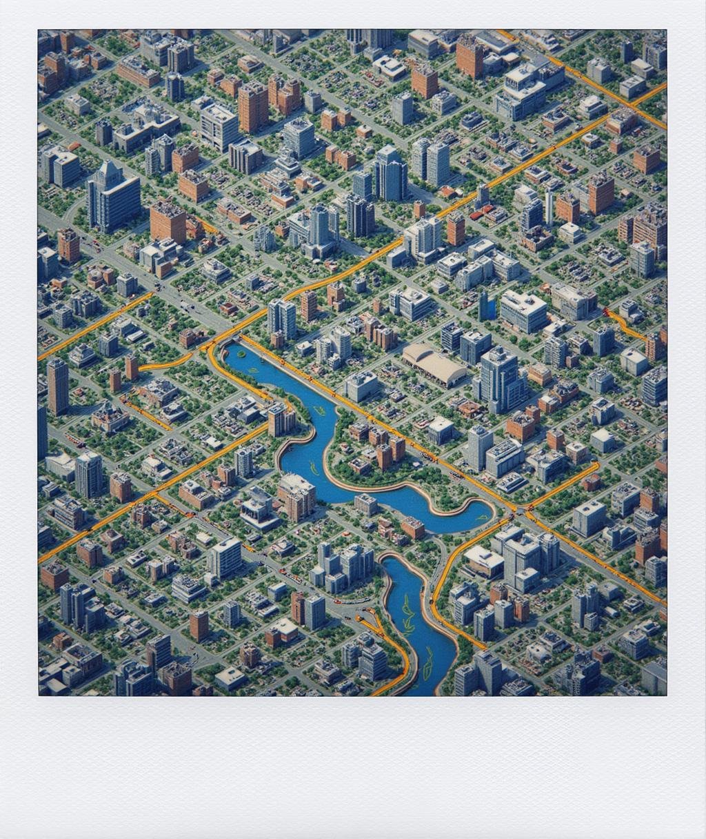 Polaroid frame of an intricate city transport network in the style of openttd, game screenshot <lora:Polaroid_Flux:1.0><lora:ComfyUI_30837_:0>