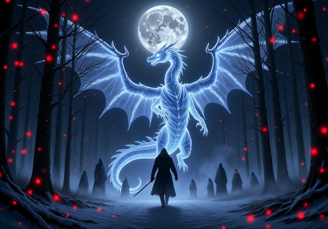 evil frozen dragon, realistic, In a cyberpunk-inspired realm, Theme: Futuristic, cyberpunk-inspired The Moon: A figure, walking through a dark, foggy forest, is haunted by ghostly apparitions. The background is the silhouette of a dragon emerges from the darkness, its form composed of the same vibrant energy. The entire scene is bathed in a contrast of deep blacks and brilliant frozen dragon, creating a dynamic and visually striking composition. Particles of light scatter through the air, adding to the mystical atmosphere. This digital illustration blends elements of anime artistry with futuristic aesthetics, resulting in a captivating image that radiates energy and intensity, snowing, ready for battle, holding sword, bright thunder, red fireflies lightning 