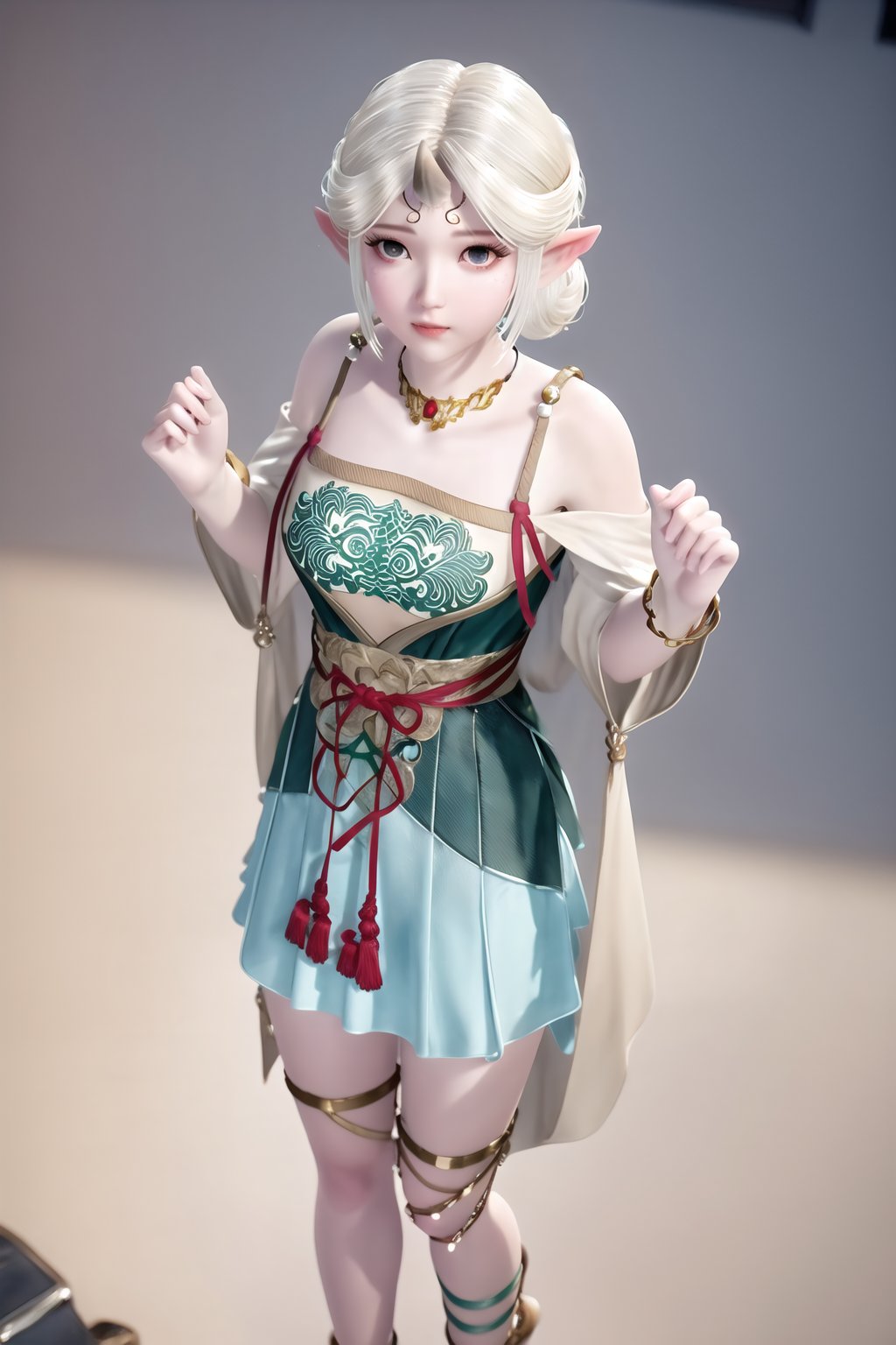 (8k, RAW photo, best quality, masterpiece:1.2),(realistic, photorealistic:1.3), ultra-detailed, extremely detailed cg 8k wallpaper,(crystalstexture skin:1.2), extremely delicate and beautiful, pointy_ears, 1girl, elf, solo, thigh_strap, jewelry, necklace, bare_shoulders, simple_background,(full shot), (breasts, medium breasts,  cleavage), looking_at_viewer, standing, full body, 