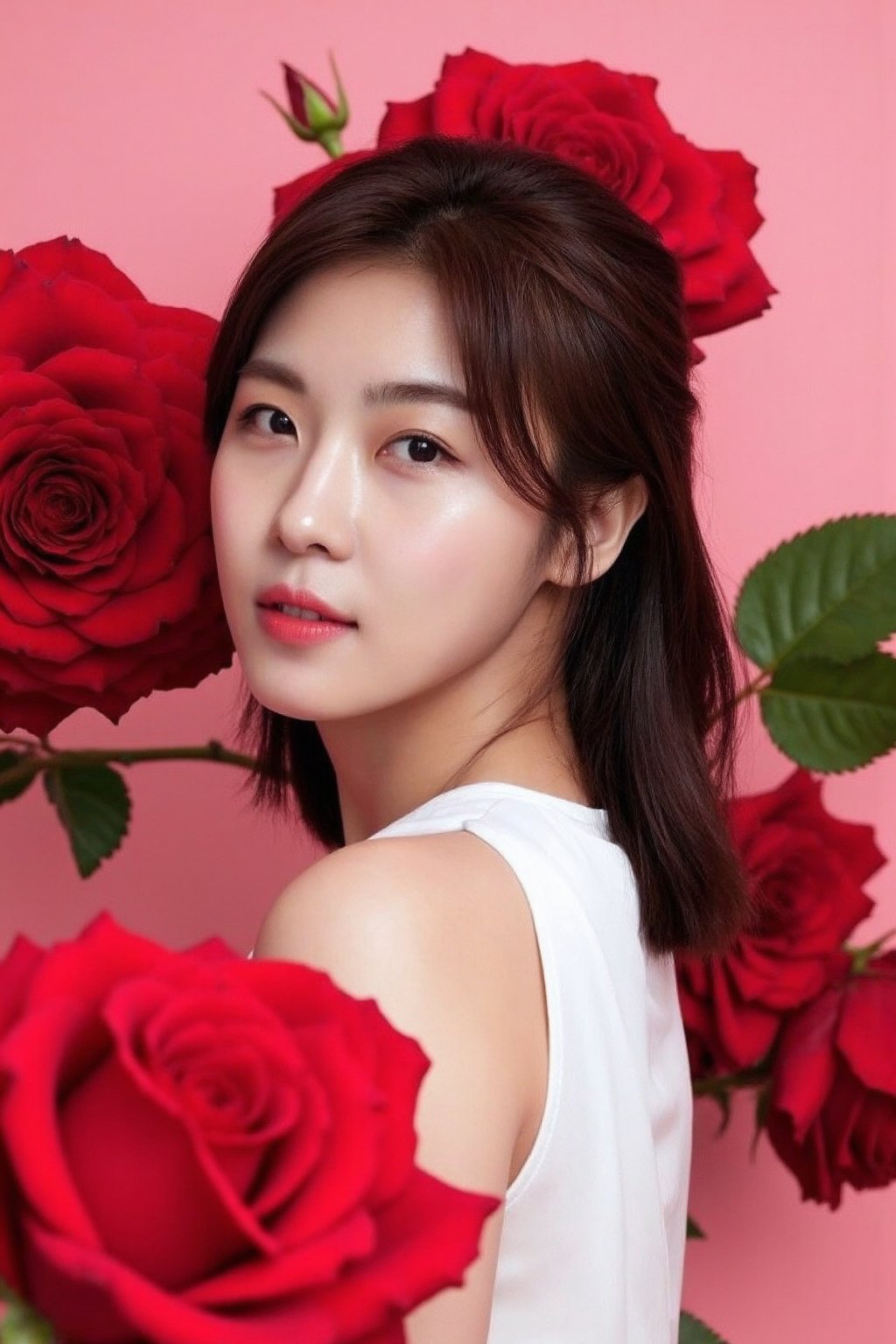 The image showcases a young korean woman. She is positioned against a strikingly vibrant pastel pink background, which is filled with large red roses. The roses dominate the composition, adding a dramatic and intense contrast to her skin tone and overall appearance.The woman is dressed in white sleeveless dress, which drapes softly over her shoulders, leaving her upper back and one shoulder exposed. Her expression is calm and slightly mysterious, with her gaze directed slightly to the side, away from the camera. The large roses, some of which overlap with her figure, create a dreamy and surreal atmosphere, as if she is blending into or emerging from the floral background., <lora:flux_realism_lora:1>, <lora:makinaflux_hajiwon_v1.0:1>