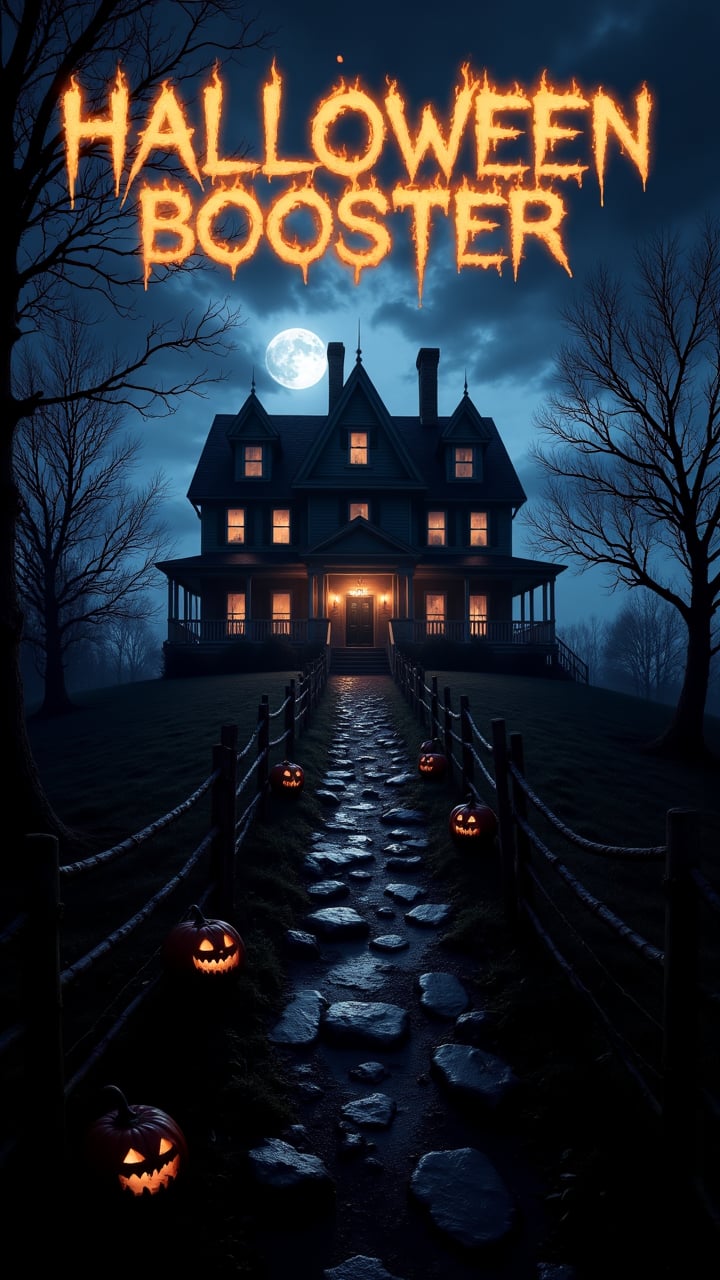 A dark, haunted mansion on a hill, with jack-o'-lanterns lining the path, while the text "Halloween Booster" hovers above the entrance, illuminated by ghostly flames.   , aidmaHalloweenBoost, aidmaTextImprover