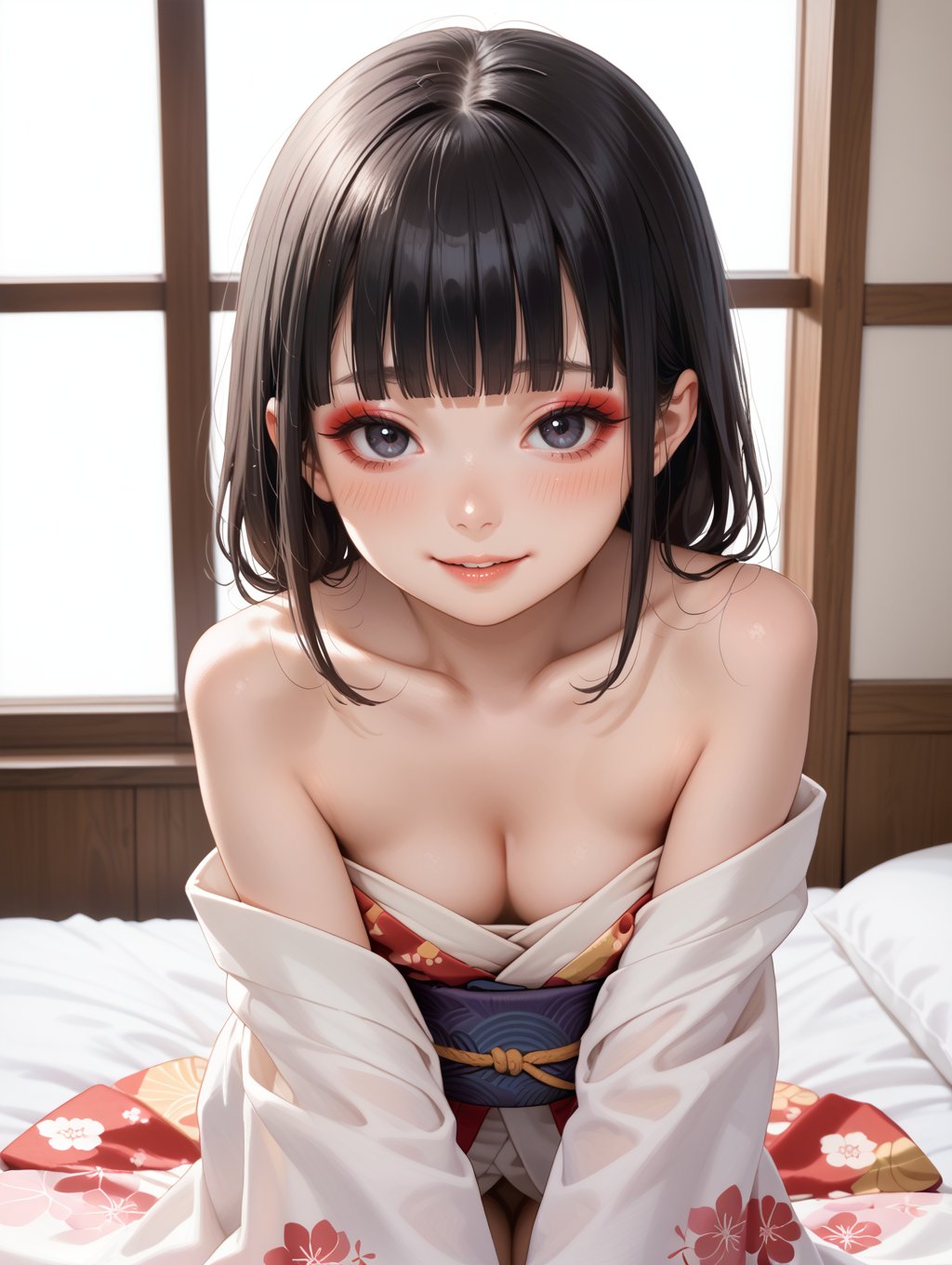 score_9, score_8_up, score_7_up,1girl, flat chest, solo, looking at viewer, black hair, japanese clothes, cleavage, makeup, bangs, kimono, blush, bare shoulders, parted lips, hanging breasts, collarbone, blunt bangs, white background, eyeshadow, smile, off shoulder,japanese theme,indoors, 