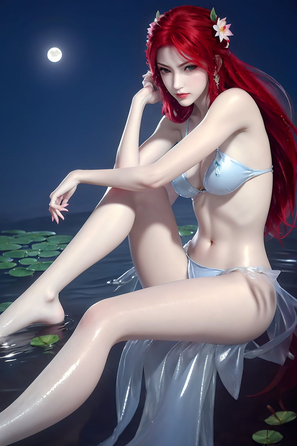 sitting, (crossed_legs), dress, chinese_clothes, looking_at_viewer, (scenery, flower, full_moon, moon, night, lily_pad, lotus, moonlight, water, night_sky, lily_\(flower\),sky, partially_submerged, wading),1girl, monster_girl, solo,  red_hair, long_hair, hair_ornament, jewelry, forehead_mark,facial_mark, earrings,  (mermaid,  fins, gills),fingernails, nail_polish, makeup,photo_\(medium\),(8k, RAW photo, best_quality, masterpiece:1.2),(realistic, photorealistic:1.3),(ultra-detailed),(extremely_detailed_cg_8k_wallpaper),(crystalstexture_skin:1.2),(shiny_skin:1.3),(extremely_delicate_and_beautiful),<lora:syqiangk_加强_美人鱼_倩女幽魂_C9_5.2:0.8>,