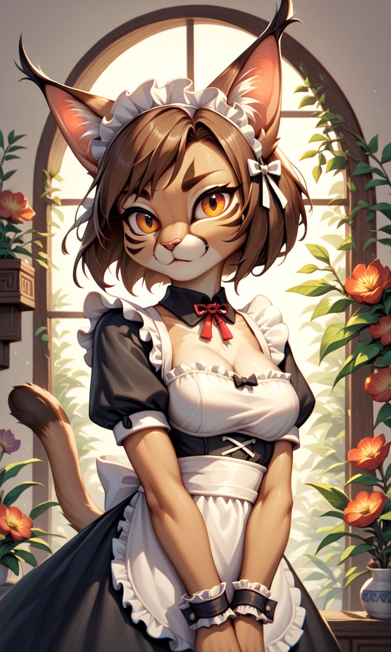 score_9, score_8_up, score_7_up, score_6_up, source_furry,BREAK,detailed face eyes and fur, looking at viewer, furry cat girl,maid,brown hair,caracalcat,caracal,ningmao