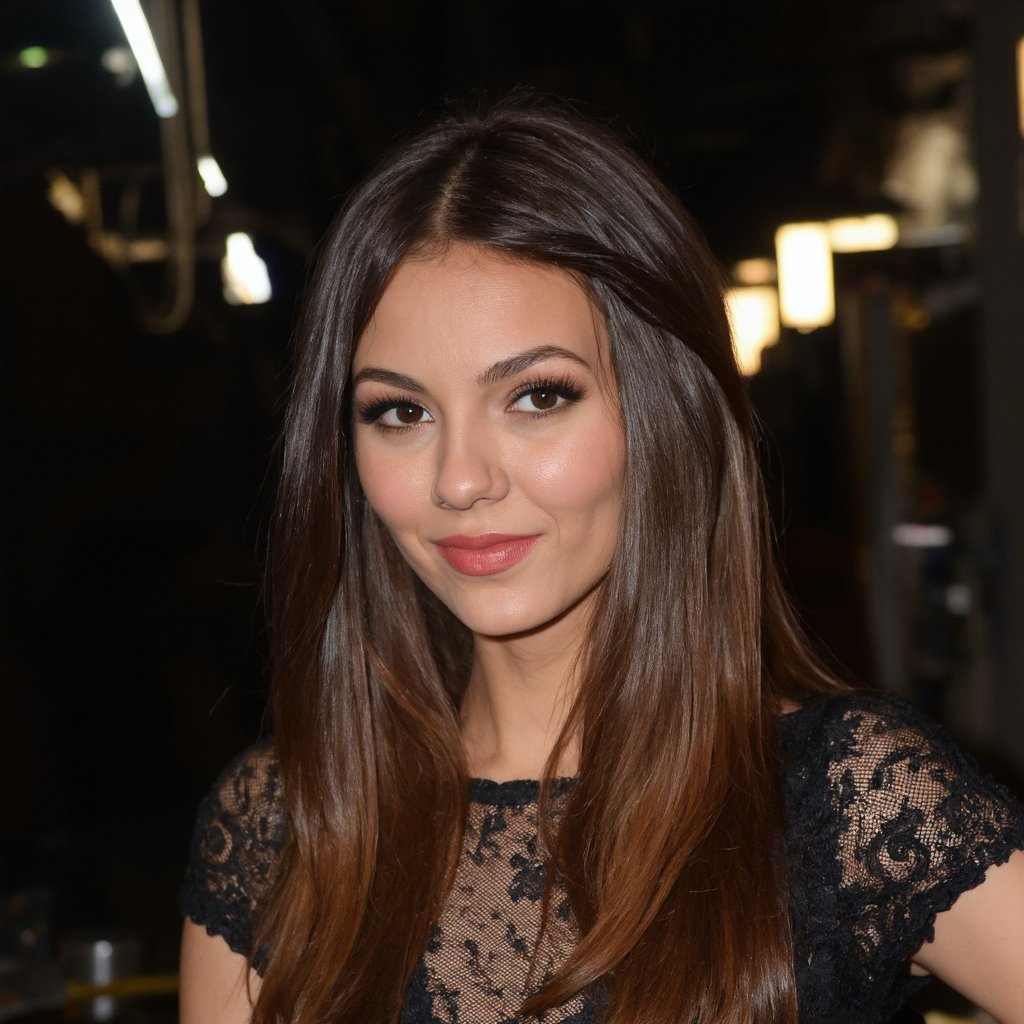A portrait of victoria_justice with striking red hair,  set against a dimly lit,  industrial-style background. She wears a...