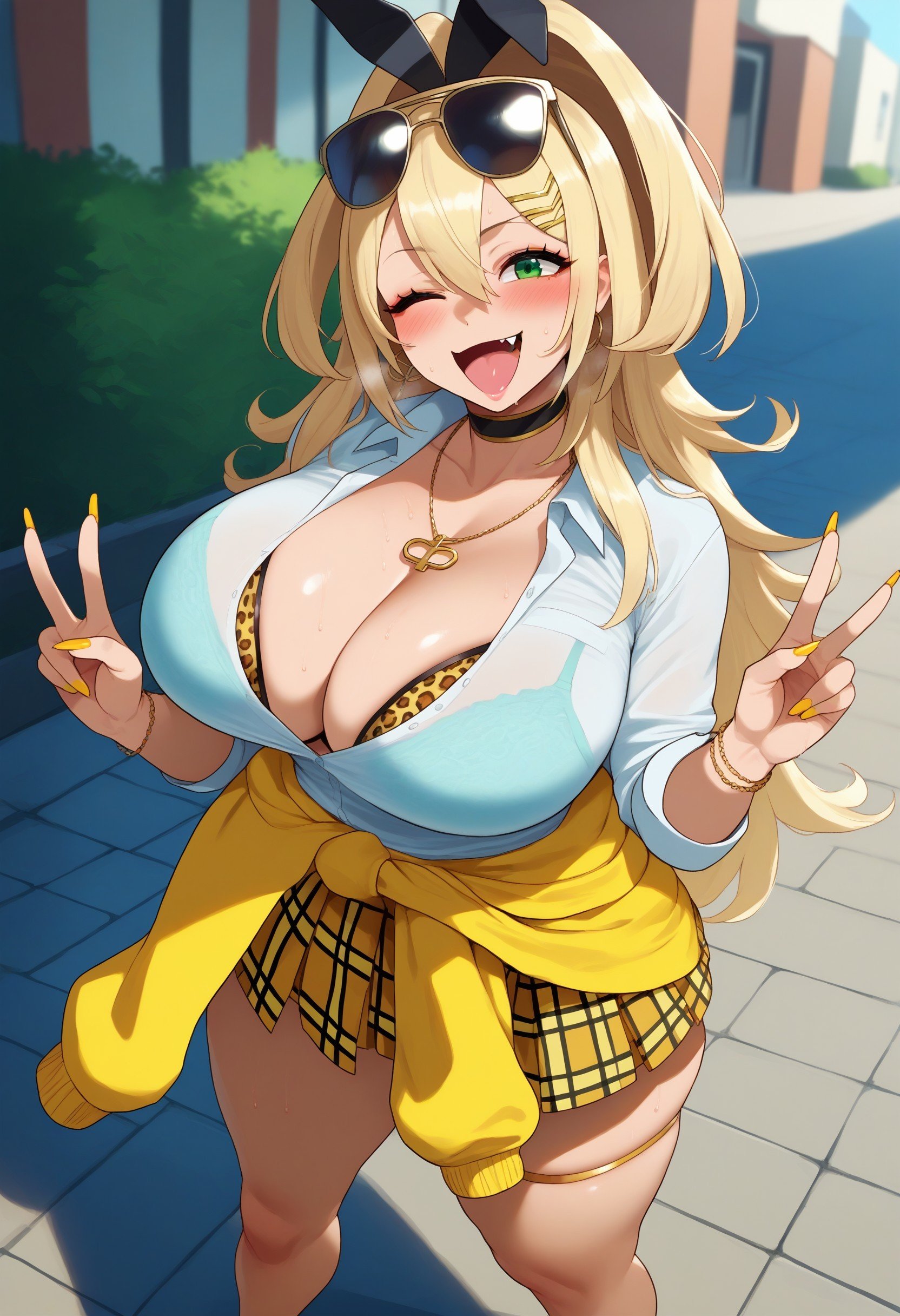 score_9, score_8, score_7, score_6_up, source_anime, outdoors, street, pavement, BREAK rupeedef, hair ornament, gyaru, blonde hair, long hair, green eyes, hairclip, necklace, jewelry, leopard print, bra, plaid skirt, thigh strap, clothes around waist, thick thighs, white shirt, :d, big smile, skin fang, fang, blush, choker, nail polish, yellow nails, huge breasts, double v, from above, sunglasses, eyewear on head, standing, one eye closed, legs apart, sweat, <lora:rupeenikke-ravenfoot-v4final:0.8>